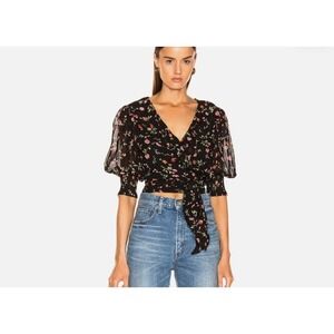 GANNI Elm Georgette Floral Wrap Top Women's 34 Black Viscose Puff Sleeve Crop
